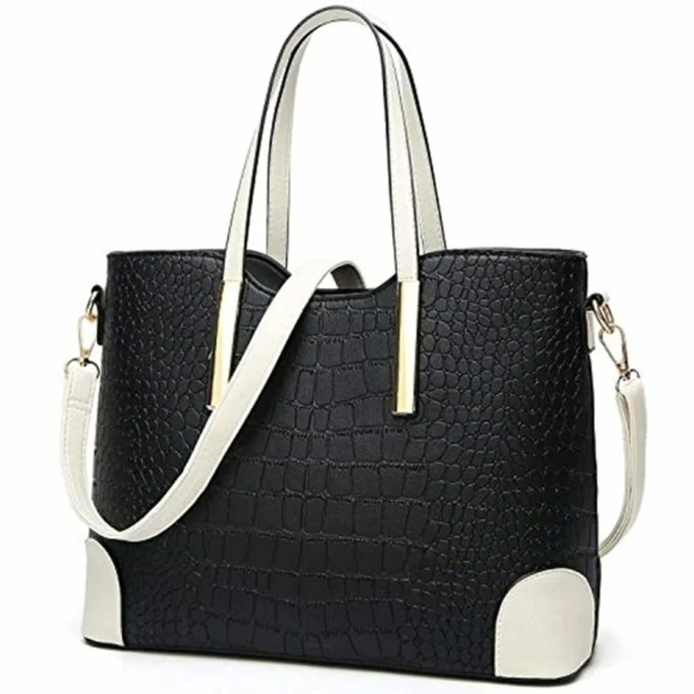 Black Croc Embossed Structured Tote Bag White Handles Top Handle Office Bag OS